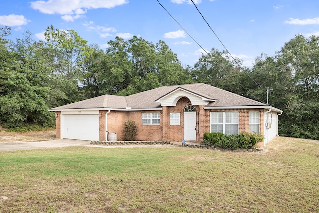 ranch-style home featuring a garage and a front lawn