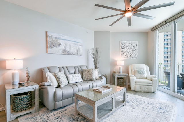 living room with ceiling fan