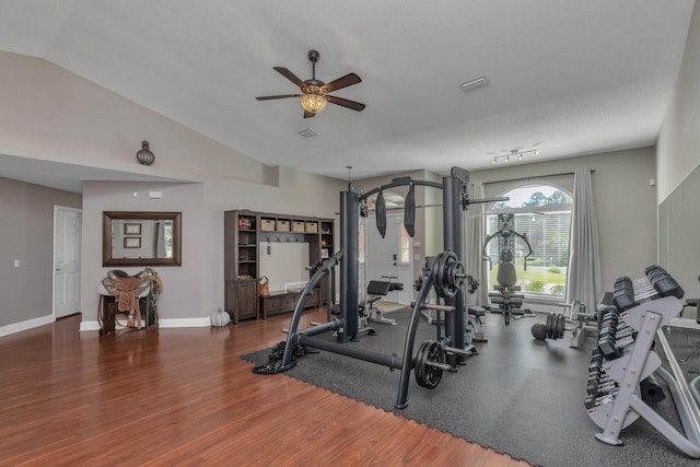 exercise area with lofted ceiling, ceiling fan, dark hardwood / wood-style floors, and a textured ceiling