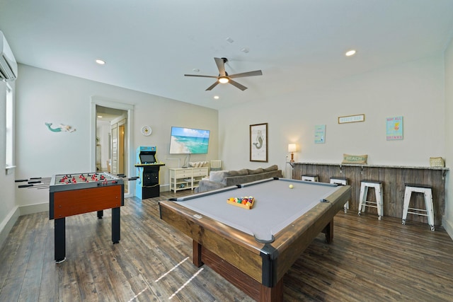 rec room with ceiling fan, dark hardwood / wood-style floors, pool table, and a wall mounted AC