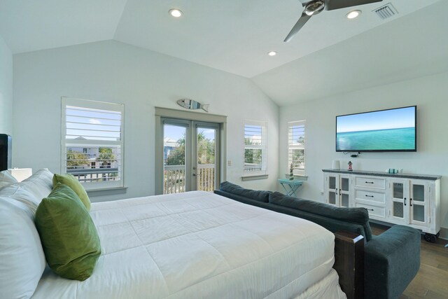 bedroom with ceiling fan, hardwood / wood-style flooring, lofted ceiling, and access to exterior