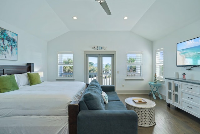 bedroom with access to exterior, ceiling fan, vaulted ceiling, and dark hardwood / wood-style flooring