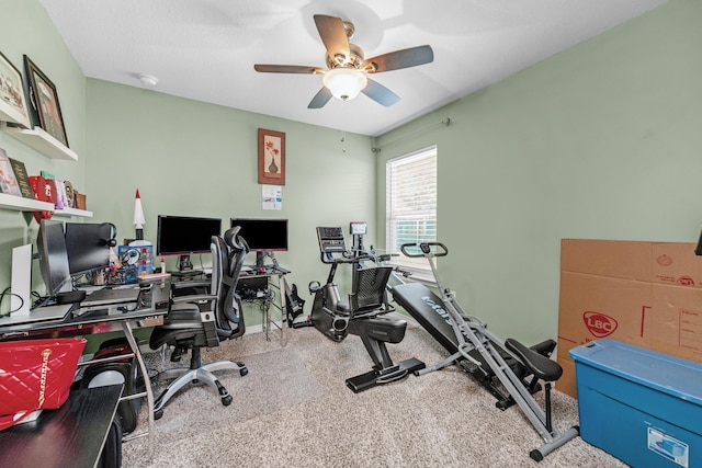 office area with carpet flooring and ceiling fan