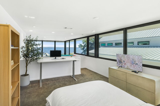 bedroom featuring dark colored carpet