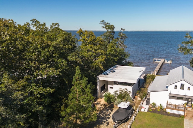 aerial view featuring a water view