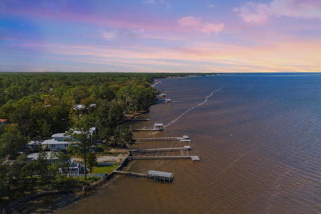 aerial view at dusk with a water view