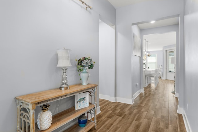 hallway with hardwood / wood-style floors