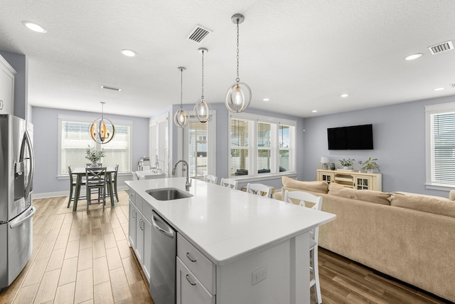 kitchen featuring stainless steel appliances, wood-type flooring, sink, and a center island with sink