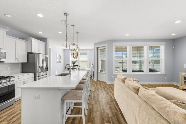 kitchen with appliances with stainless steel finishes, a healthy amount of sunlight, sink, and a center island with sink