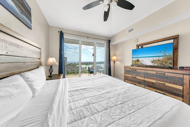 bedroom featuring access to outside and ceiling fan