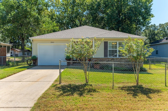 ranch-style home featuring a front lawn and a garage