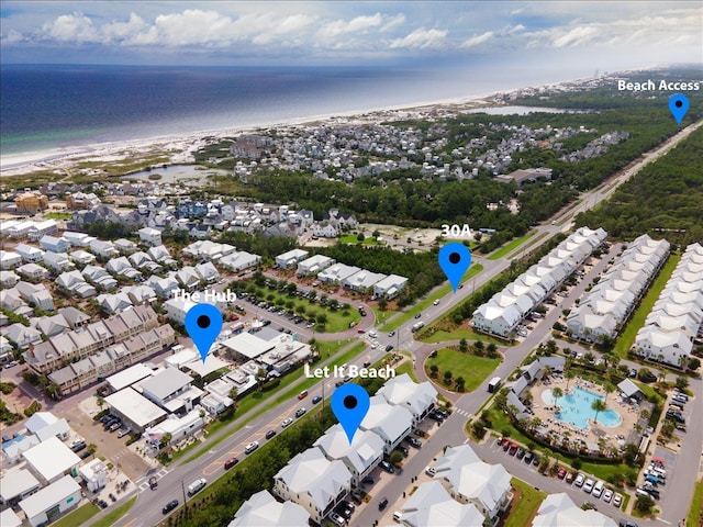 aerial view featuring a beach view and a water view