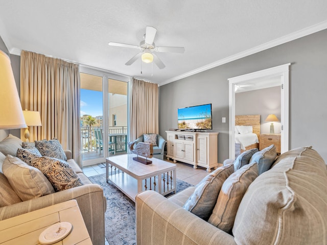 tiled living room featuring ornamental molding, a textured ceiling, and ceiling fan