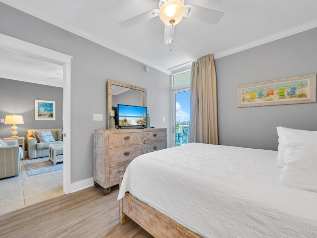 bedroom featuring hardwood / wood-style floors, crown molding, access to outside, and ceiling fan