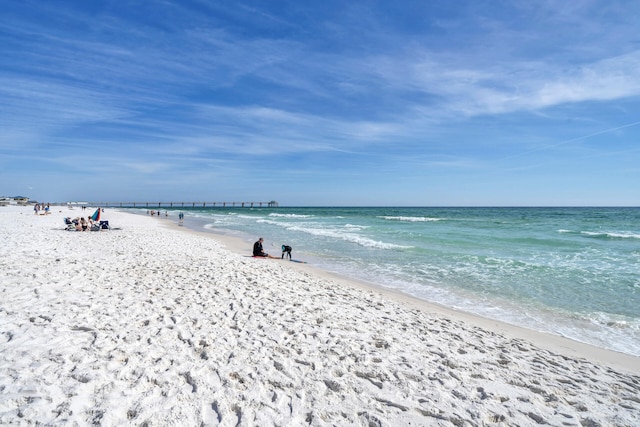view of water feature with a beach view