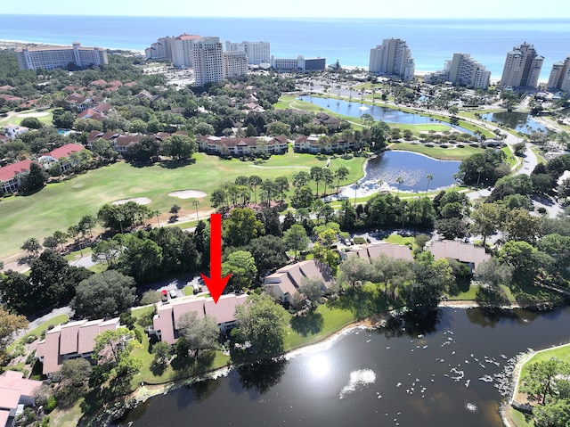 aerial view featuring a water view