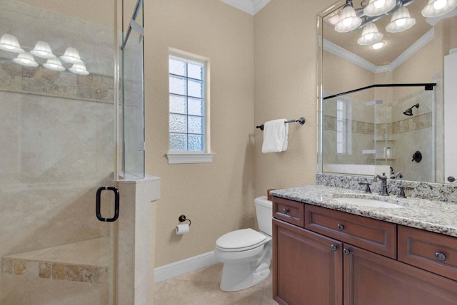 bathroom featuring a shower with door, toilet, vanity, ornamental molding, and tile patterned flooring