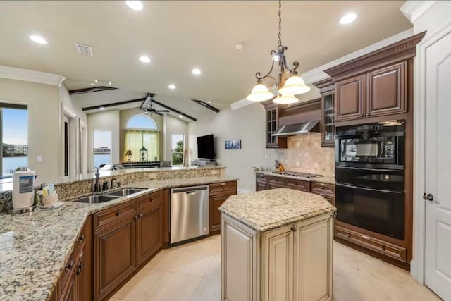 kitchen with vaulted ceiling with beams, sink, black appliances, a center island, and decorative light fixtures