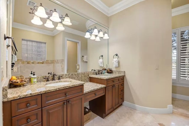 bathroom featuring vanity, ornamental molding, and tile patterned flooring