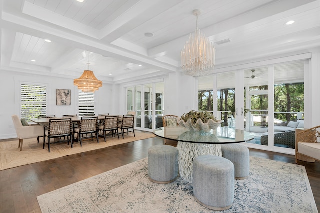 dining room featuring coffered ceiling, beamed ceiling, ceiling fan with notable chandelier, and dark wood-type flooring