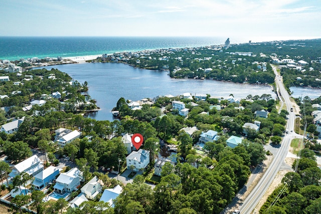 aerial view featuring a water view