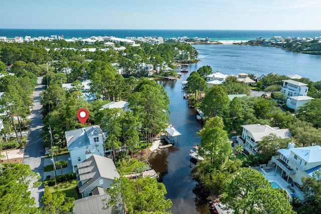 aerial view featuring a water view