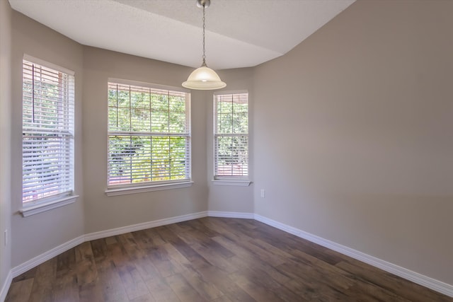 empty room with vaulted ceiling and dark hardwood / wood-style floors