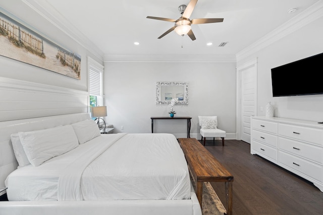 bedroom featuring ceiling fan, crown molding, and dark hardwood / wood-style flooring