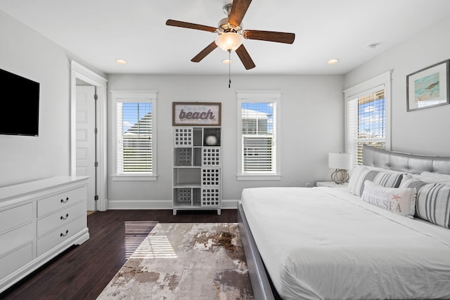 bedroom featuring multiple windows, dark hardwood / wood-style floors, and ceiling fan