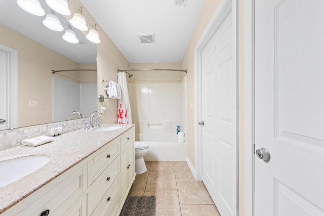 full bathroom with vanity, toilet, shower / bathtub combination with curtain, and tile patterned flooring