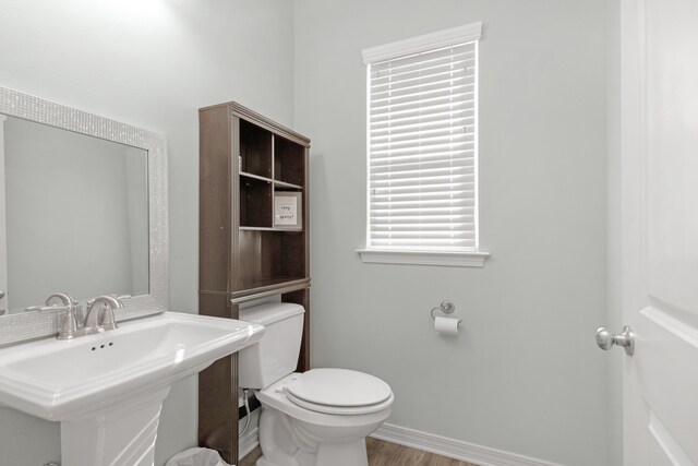 bathroom with toilet, sink, and wood-type flooring