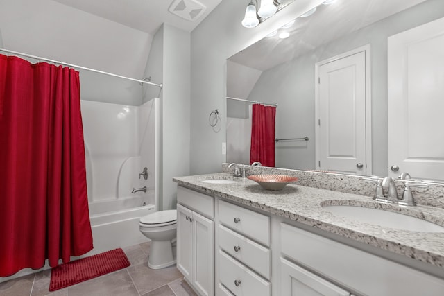 full bathroom with vanity, toilet, tile patterned floors, and shower / bathtub combination with curtain