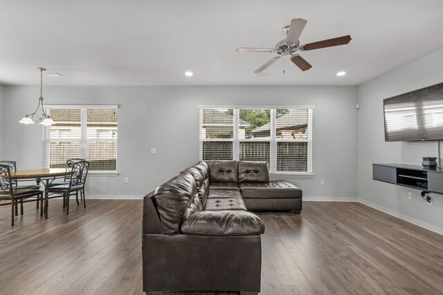 living room with wood-type flooring and ceiling fan with notable chandelier