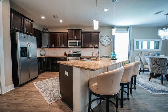 kitchen with a kitchen island with sink, hardwood / wood-style floors, sink, pendant lighting, and appliances with stainless steel finishes