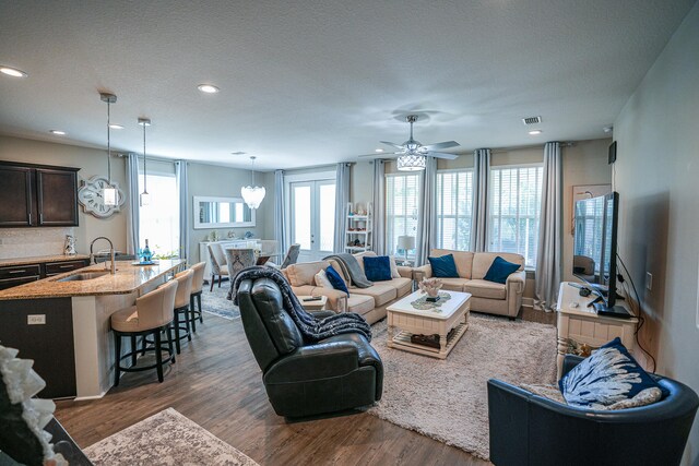 living room featuring sink, dark hardwood / wood-style floors, and plenty of natural light