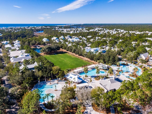 bird's eye view with a water view