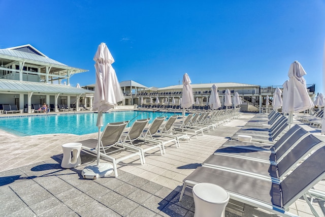 view of swimming pool featuring a patio