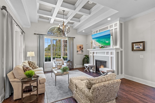 living room featuring beam ceiling, crown molding, a notable chandelier, and dark hardwood / wood-style flooring