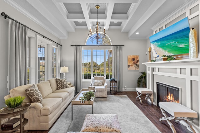 living room featuring coffered ceiling, beam ceiling, ornamental molding, a chandelier, and dark hardwood / wood-style flooring