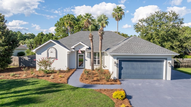 single story home with a garage and a front yard