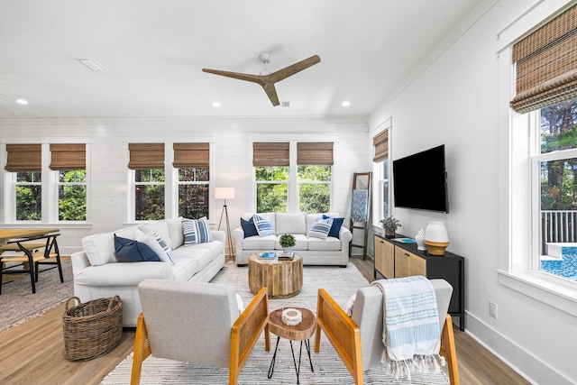 living room with ornamental molding, wood walls, hardwood / wood-style floors, and ceiling fan