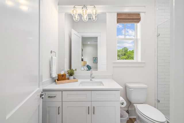 bathroom with vanity, toilet, and an enclosed shower