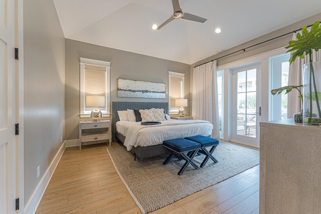 bedroom featuring ceiling fan, vaulted ceiling, light wood-type flooring, and access to exterior