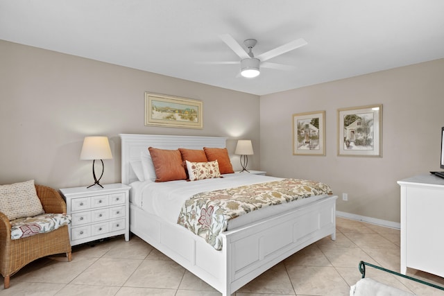 tiled bedroom featuring ceiling fan