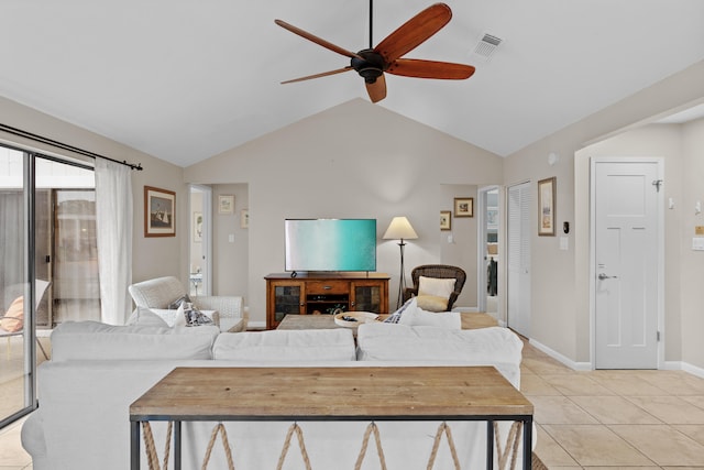 living room featuring light tile patterned floors, high vaulted ceiling, and ceiling fan