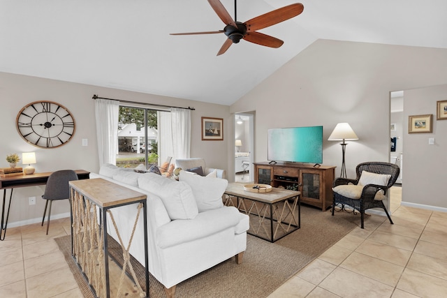 living room with ceiling fan, light tile patterned flooring, and high vaulted ceiling