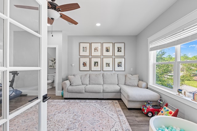 living room with ceiling fan and hardwood / wood-style flooring