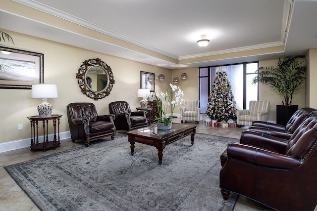 living room featuring ornamental molding and a tray ceiling