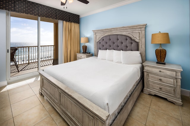 tiled bedroom featuring access to outside, crown molding, a water view, and ceiling fan