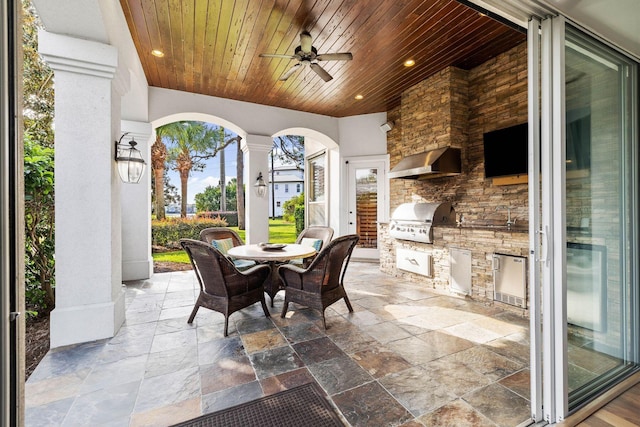 view of patio featuring area for grilling, an outdoor kitchen, and ceiling fan